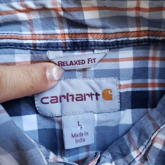 Carhartt Shirt Mens Large Blue Plaid Button Up Short Sleeve Cotton Relaxed Fit - Picture 6 of 10
